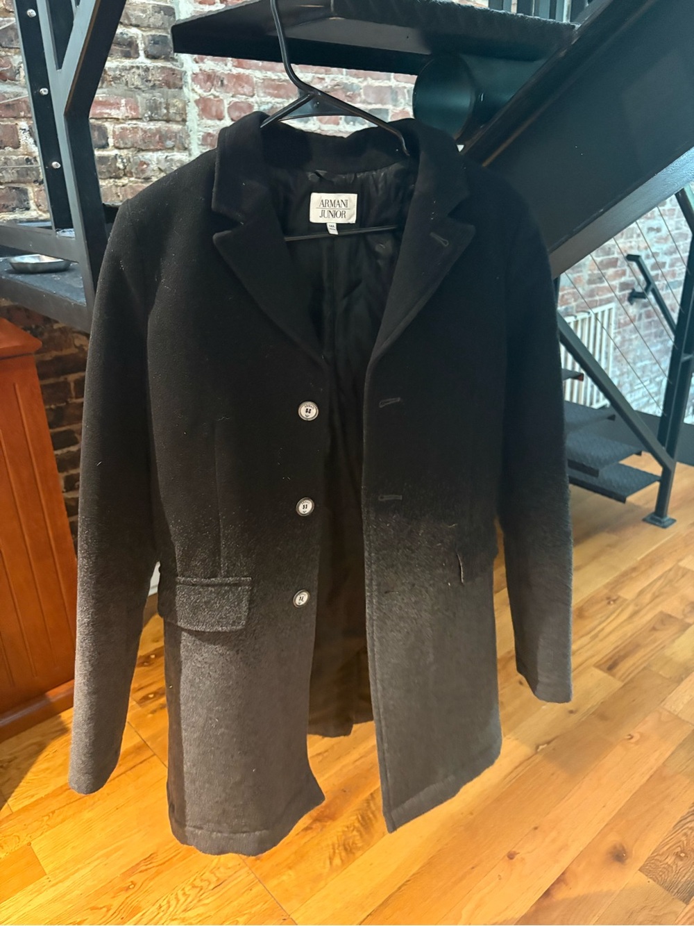 Armani Junior Black Wool-Blend Pea Coat with Notch Collar